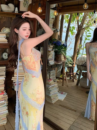 Modest Mermaid Spaghetti Strap Ideas For Women Yellow Long Birthday Dresses Party Holiday Summer Outfits N3144