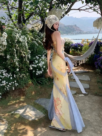 Modest Mermaid Spaghetti Strap Ideas For Women Yellow Long Birthday Dresses Party Holiday Summer Outfits N3144