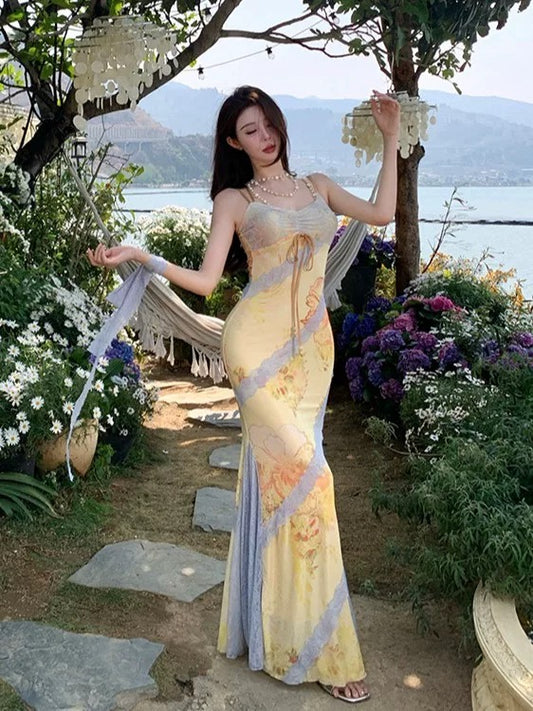 Modest Mermaid Spaghetti Strap Ideas For Women Yellow Long Birthday Dresses Party Holiday Summer Outfits N3144