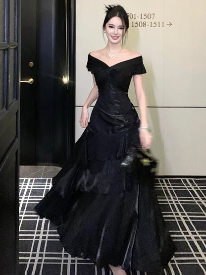 Élégante Robe de Bal Sirène Noire Épaules Dénudées Manches Courtes Robes de Soirée Longues Tenues N3145