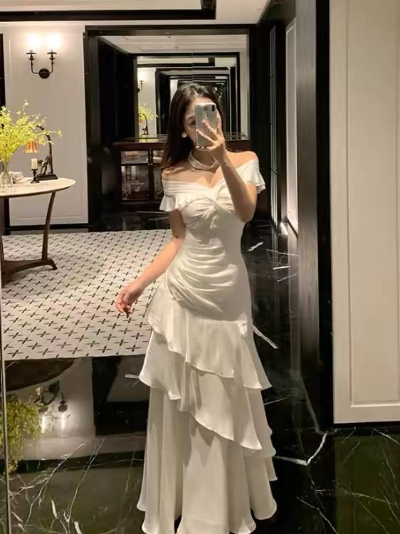 Élégante Robe de Bal Sirène Noire Épaules Dénudées Manches Courtes Robes de Soirée Longues Tenues N3145