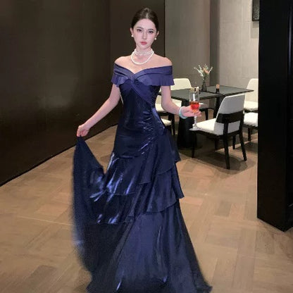 Élégante Robe de Bal Sirène Noire Épaules Dénudées Manches Courtes Robes de Soirée Longues Tenues N3145