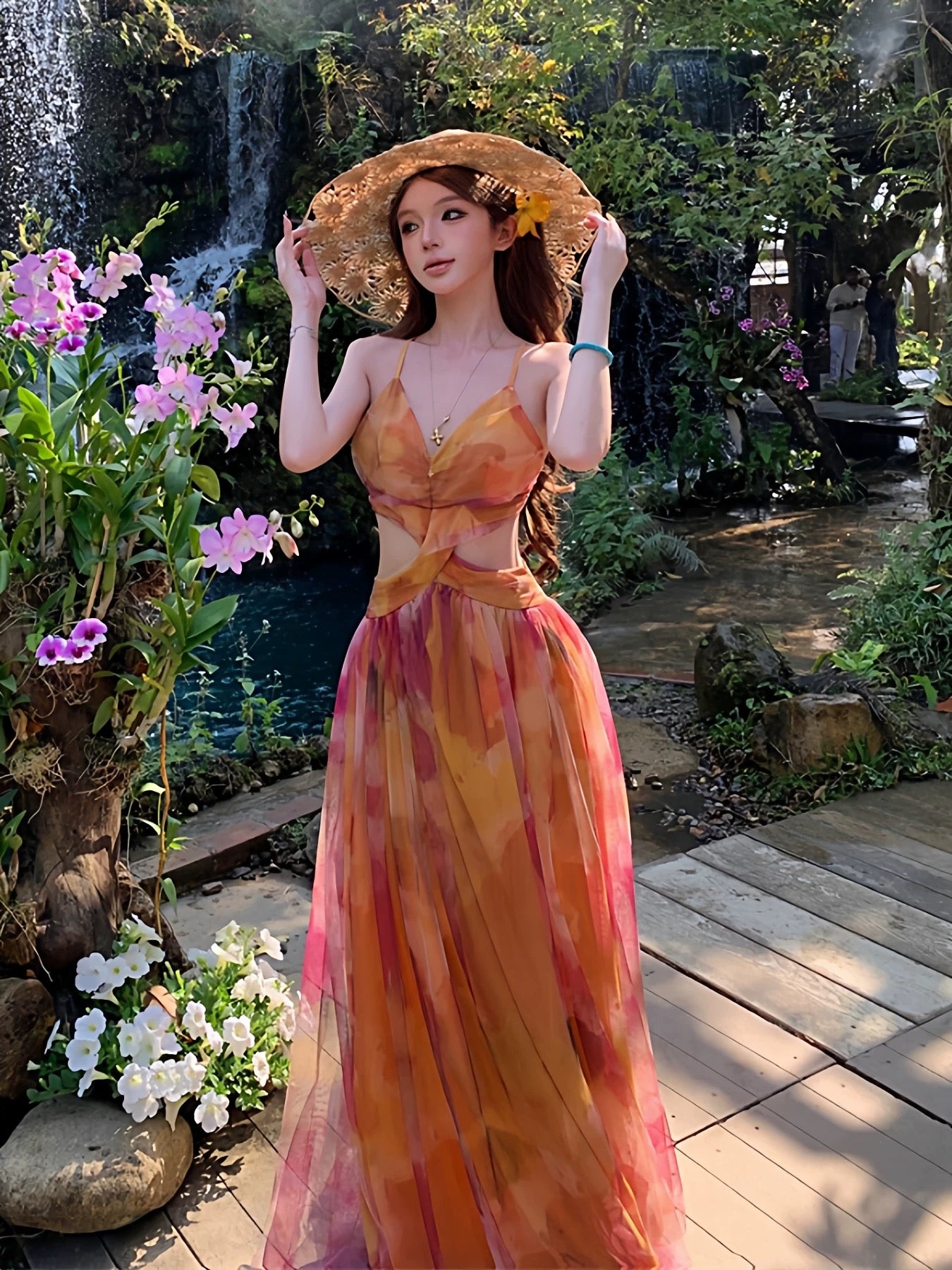 Idées de robes longues d'anniversaire en mousseline florale trapèze modestes pour femmes, dos nu, tenues d'été de plage N3148