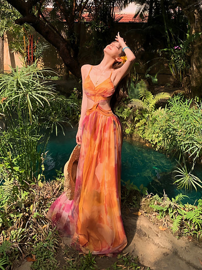 Idées de robes longues d'anniversaire en mousseline florale trapèze modestes pour femmes, dos nu, tenues d'été de plage N3148