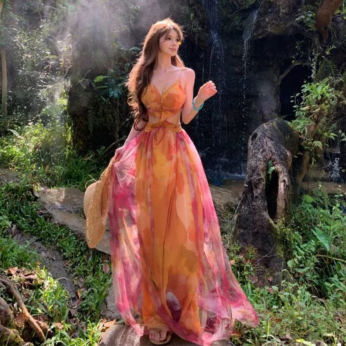 Idées de robes longues d'anniversaire en mousseline florale trapèze modestes pour femmes, dos nu, tenues d'été de plage N3148