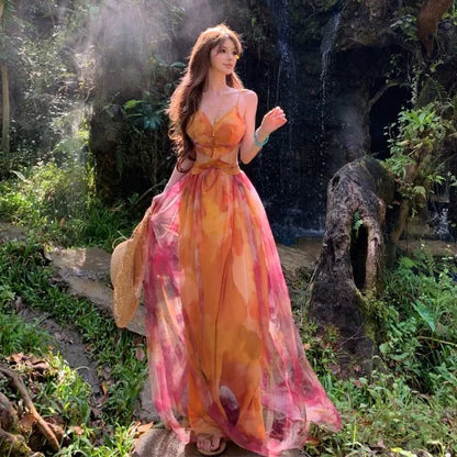 Idées de robes longues d'anniversaire en mousseline florale trapèze modestes pour femmes, dos nu, tenues d'été de plage N3148