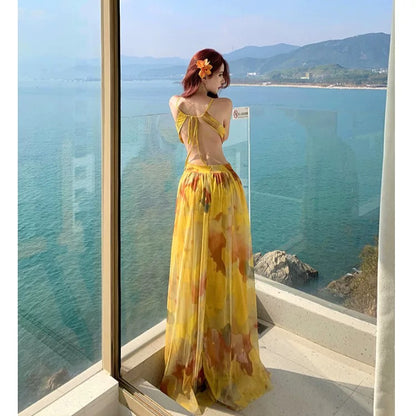 Idées de robes longues d'anniversaire en mousseline florale trapèze modestes pour femmes, dos nu, tenues d'été de plage N3148