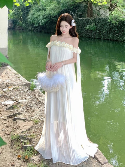 Einfaches A-Linien-Kleid schulterfrei aus weißem Chiffon – Ideen für Damen, lange Geburtstagskleider, Strandurlaub, Sommer-Outfits N3149