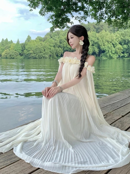 Simple A line Off The Shoulder White Chiffon Ideas For Women Long Birthday Dresses Beach Holiday Summer Outfits N3149