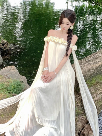 Einfaches A-Linien-Kleid schulterfrei aus weißem Chiffon – Ideen für Damen, lange Geburtstagskleider, Strandurlaub, Sommer-Outfits N3149