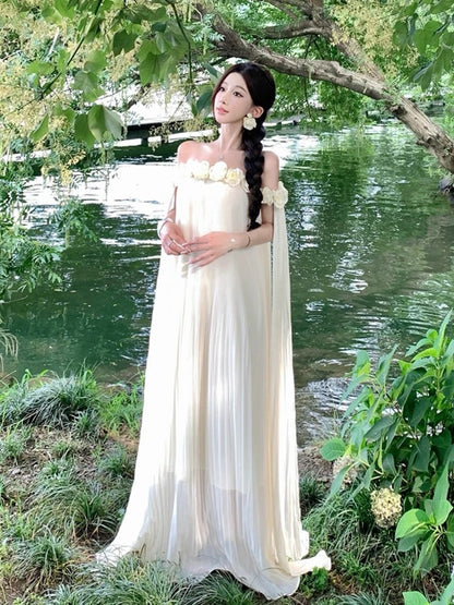 Einfaches A-Linien-Kleid schulterfrei aus weißem Chiffon – Ideen für Damen, lange Geburtstagskleider, Strandurlaub, Sommer-Outfits N3149