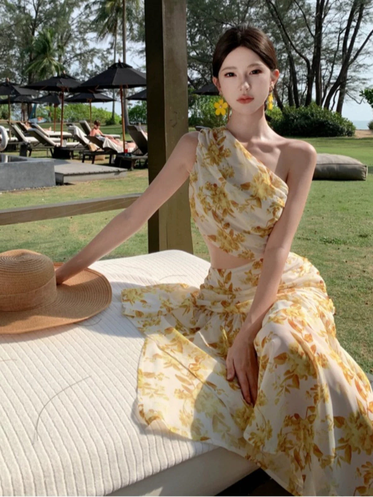 Bescheidene Meerjungfrau One Shoulder Gelb Blumen Chiffon Ideen Für Frauen Lange Geburtstags-Kleider Strandurlaub Sommer Outfits N31450