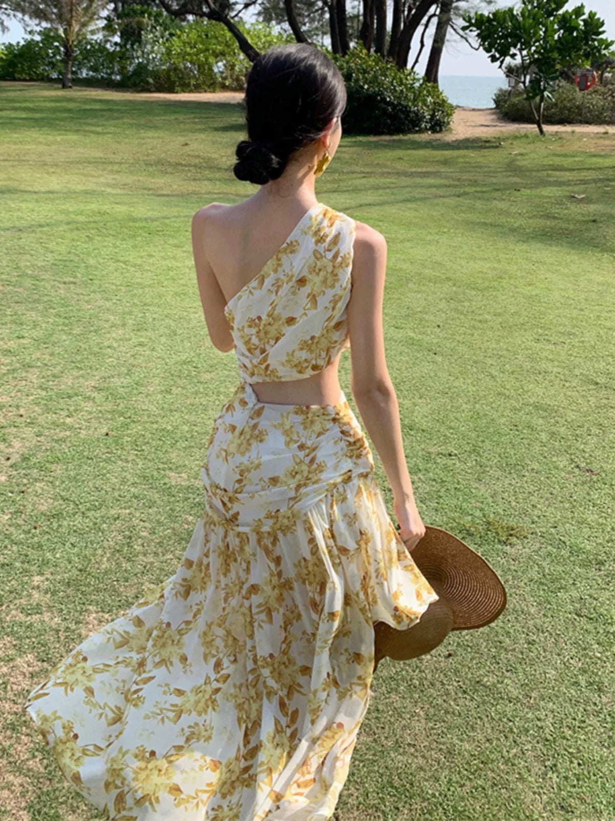Bescheidene Meerjungfrau One Shoulder Gelb Blumen Chiffon Ideen Für Frauen Lange Geburtstags-Kleider Strandurlaub Sommer Outfits N31450