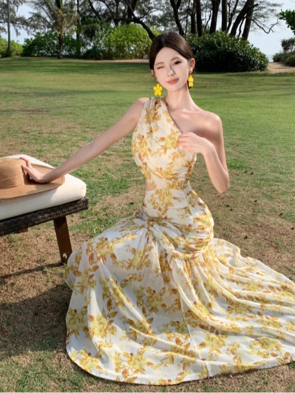 Bescheidene Meerjungfrau One Shoulder Gelb Blumen Chiffon Ideen Für Frauen Lange Geburtstags-Kleider Strandurlaub Sommer Outfits N31450