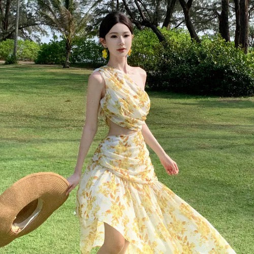 Bescheidene Meerjungfrau One Shoulder Gelb Blumen Chiffon Ideen Für Frauen Lange Geburtstags-Kleider Strandurlaub Sommer Outfits N31450