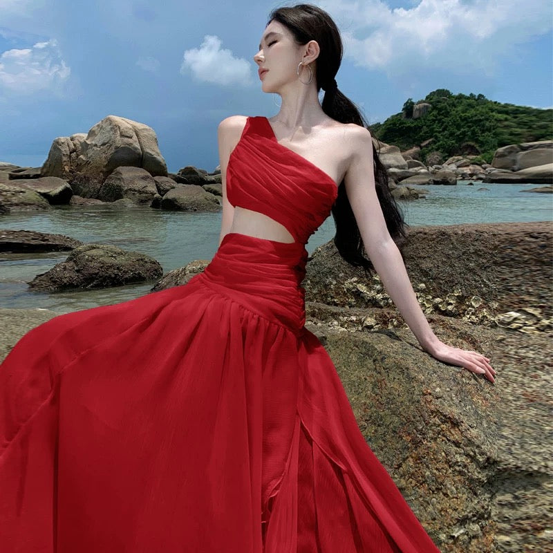 Bescheidene Meerjungfrau One Shoulder Gelb Blumen Chiffon Ideen Für Frauen Lange Geburtstags-Kleider Strandurlaub Sommer Outfits N31450