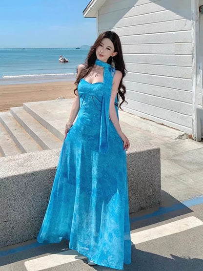 Simple A line Spaghetti Strap Blue Lace Ideas For Women Long Birthday Dresses Beach Holiday Summer Outfits N3151