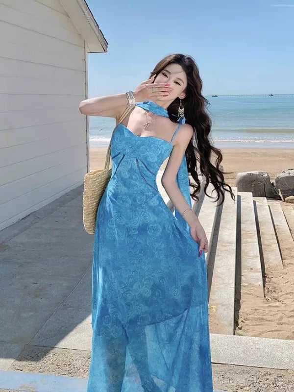Simple A line Spaghetti Strap Blue Lace Ideas For Women Long Birthday Dresses Beach Holiday Summer Outfits N3151