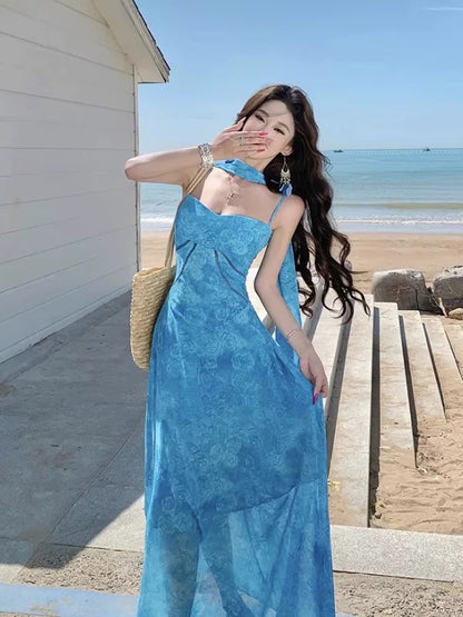 Simple A line Spaghetti Strap Blue Lace Ideas For Women Long Birthday Dresses Beach Holiday Summer Outfits N3151
