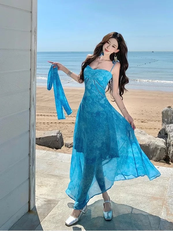 Simple A line Spaghetti Strap Blue Lace Ideas For Women Long Birthday Dresses Beach Holiday Summer Outfits N3151