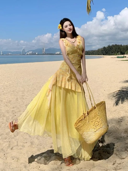 Modest Mermaid V Neck Yellow Floral Chiffon Ideas For Women Long Birthday Dresses Beach Holiday Summer Outfits N3152