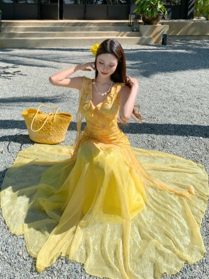 Sirène Modeste Col en V Robes Longues d'Anniversaire en Mousseline de Soie Florale Jaune Idées de Tenues d'Été pour Femmes Plage Vacances N3152