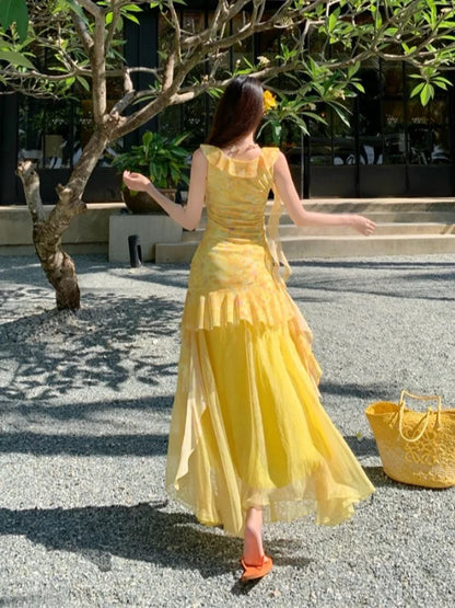 Sirène Modeste Col en V Robes Longues d'Anniversaire en Mousseline de Soie Florale Jaune Idées de Tenues d'Été pour Femmes Plage Vacances N3152