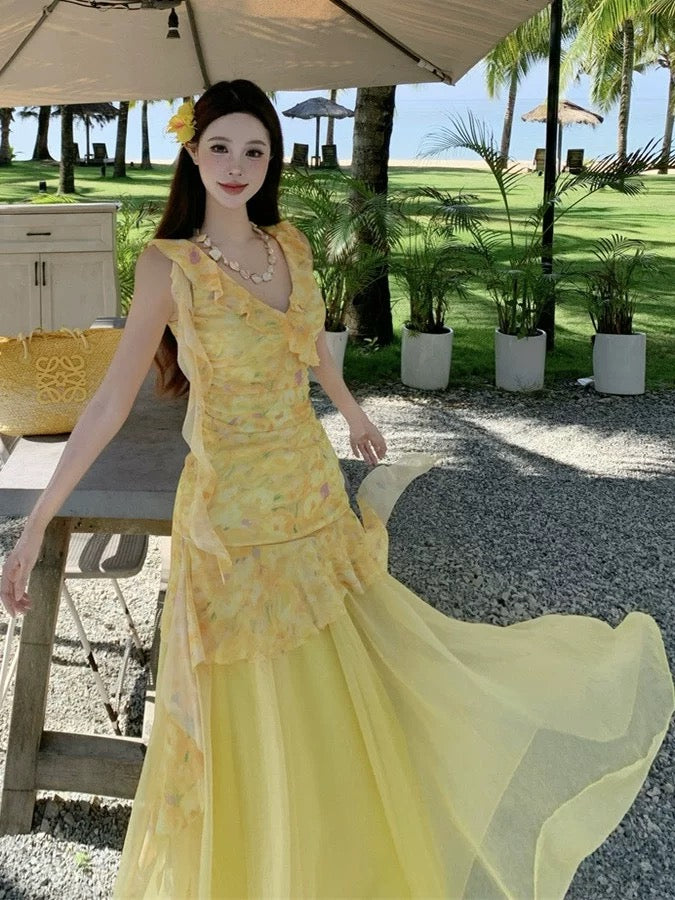 Sirène Modeste Col en V Robes Longues d'Anniversaire en Mousseline de Soie Florale Jaune Idées de Tenues d'Été pour Femmes Plage Vacances N3152