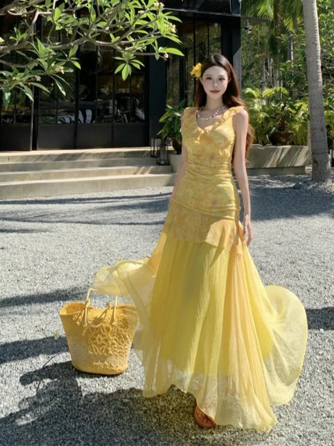 Sirène Modeste Col en V Robes Longues d'Anniversaire en Mousseline de Soie Florale Jaune Idées de Tenues d'Été pour Femmes Plage Vacances N3152