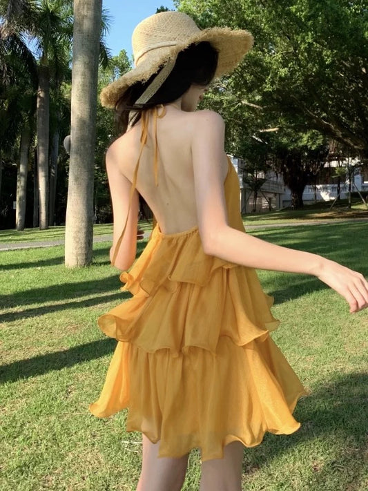 Modest A Line Halter Yellow Chiffon Ideas For Women Short Hoco Birthday Dresses Beach Holiday Summer Outfits N3153