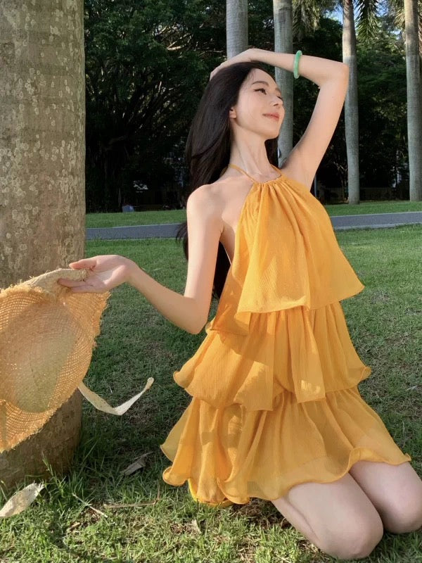 Modeste Ligne A Halter Jaune Mousseline Idées Pour Femmes Courtes Robes Hoco Anniversaire Tenues Vacances Plage Été N3153