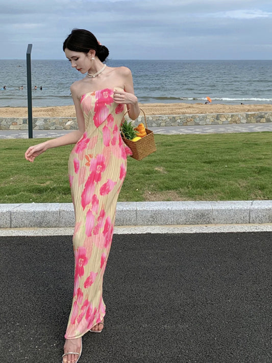 Simple Sheath Strapless Floral Ideas For Women Long Birthday Dresses Beach Holiday Summer Outfits N3154