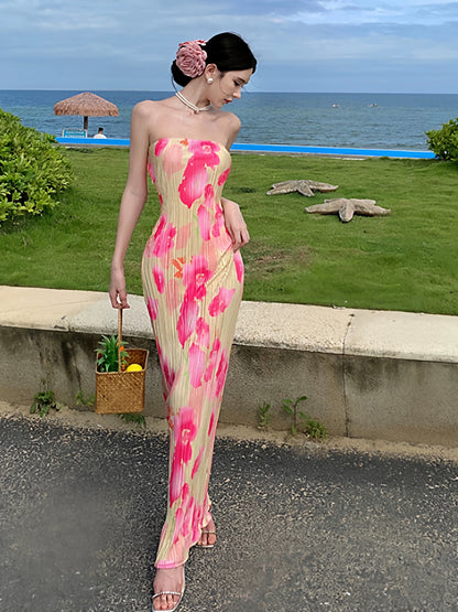 Schlichtes Etui-Kleid, trägerlos, Blumenmuster, Ideen für Damen, lange Geburtstagskleider, Strandurlaub, Sommer-Outfits N3154
