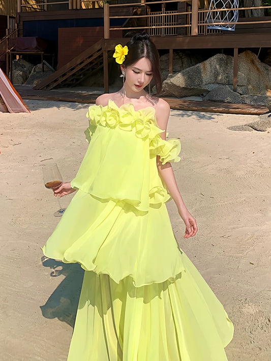 Simple A line Off The Shoulder Yellow Chiffon Ideas For Women Long Birthday Dresses Beach Holiday Summer Outfits N3155