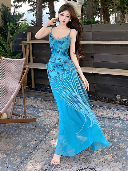 Einfache Meerjungfrau Spaghettiträger Blau Chiffon Ideen für Damen Lange Geburtstagskleider Strandurlaub Sommer Outfits N3156