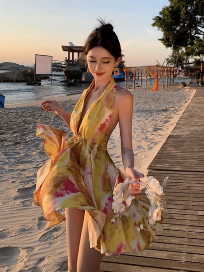 Modeste Robe Courte Trapèze Dos Nu Jaune Chiffon pour Femmes, Idéale pour Anniversaire, Plage, Vacances, Été N3157