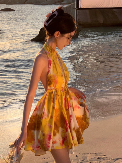Modeste Robe Courte Trapèze Dos Nu Jaune Chiffon pour Femmes, Idéale pour Anniversaire, Plage, Vacances, Été N3157