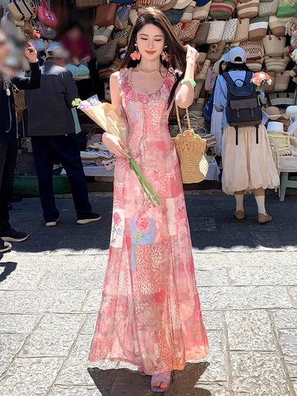 Sexy A line Square Neck Pink Chiffon Long Date Night 18th Birthday Outfits Formal Prom Dresses RB5718