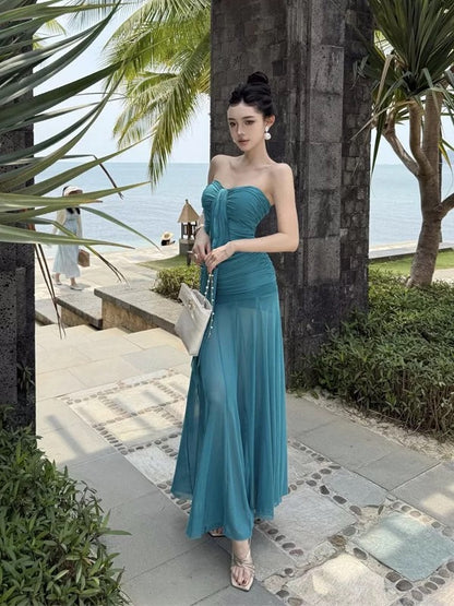Sexy Mermaid Sweetheart Blue Chiffon Long Date Night 18th Birthday Outfits Formal Prom Dresses RB5719