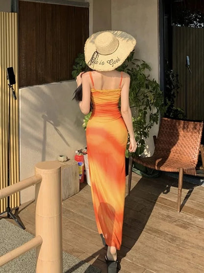 Sexy Mermaid Spaghetti Strap Orange Chiffon Cruise Ship Formal Night Evening Dresses 18th Birthday Outfit RB5720