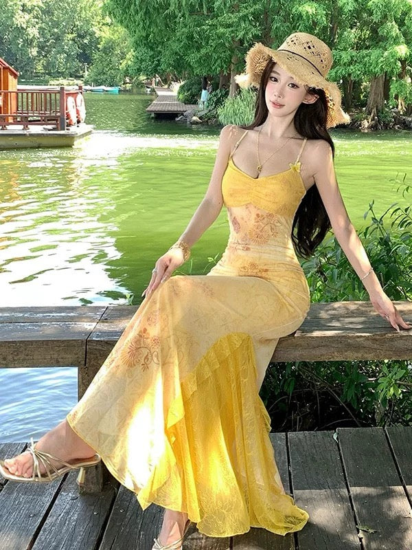 Sexy Mermaid Spaghetti Strap Yellow Floral Chiffon Cruise Ship Formal Night Evening Dresses 18th Birthday Outfit RB5724