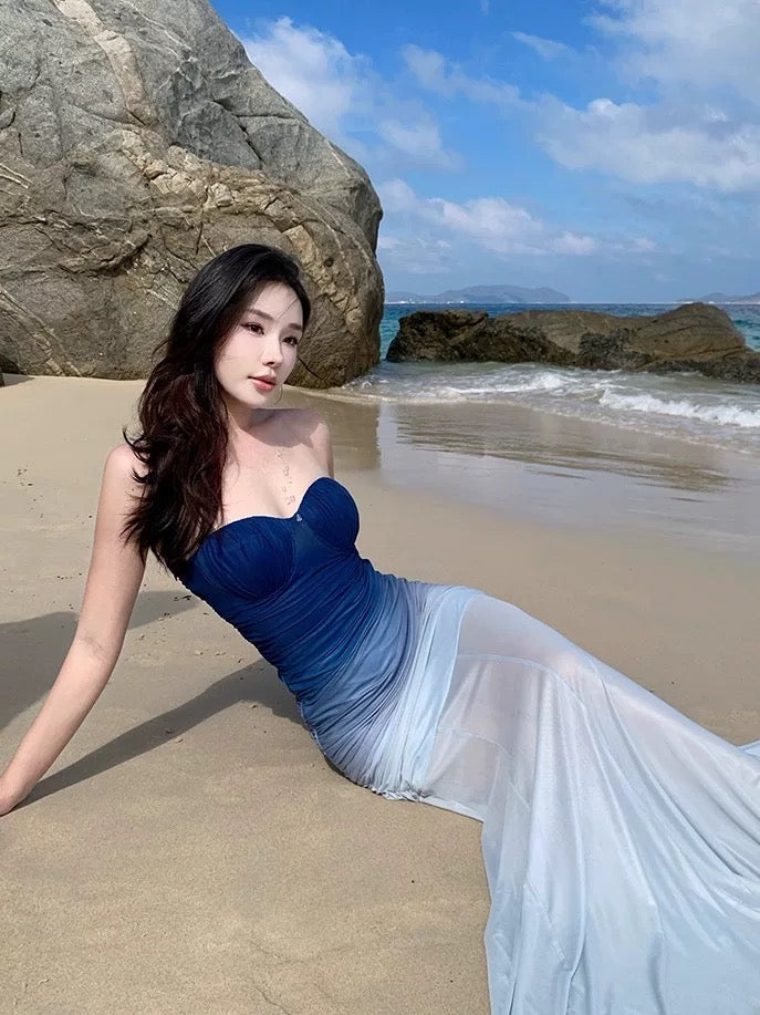 Sexy Mermaid Strapless Gradient Blue Colors Chiffon Cruise Ship Formal Night Evening Dresses 18th Birthday Outfit RB5726