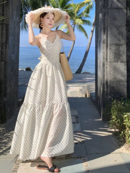 Modest A line Spaghetti Strap Polka Dots Chiffon Beach Holiday Outfits Long Date Night 19th Birthday Outfit Formal Dresses RB5730