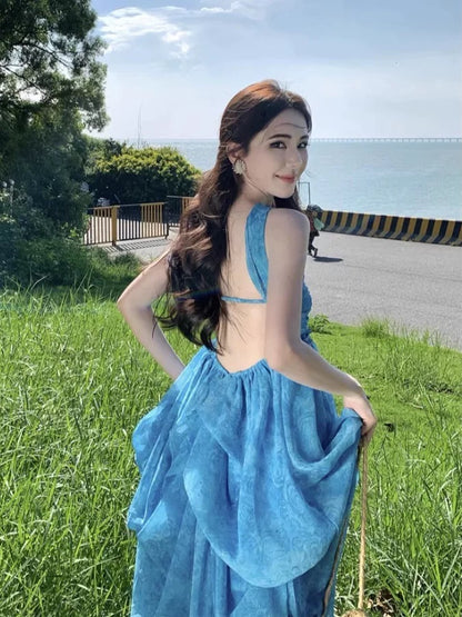 Sexy A line Strapless Blue Backless Chiffon Long Date Night 19th Birthday Outfits Formal Prom Dresses RB5731