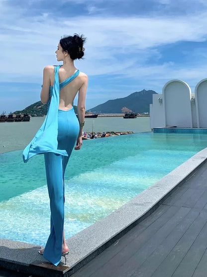 Sexy Mermaid One Shoulder Blue Chiffon Cruise Ship Formal Night Evening Dresses 18th Birthday Outfit RB5732