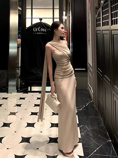 Modest Mermaid One Shoulder Champagne With Ruffled Date Floor Length Night Evening Outfit Formal Prom Dresses RB5665