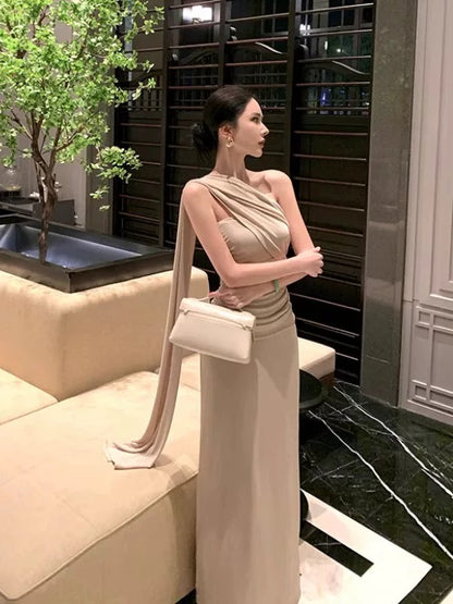 Modest Mermaid One Shoulder Champagne With Ruffled Date Floor Length Night Evening Outfit Formal Prom Dresses RB5665