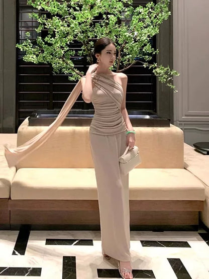 Modest Mermaid One Shoulder Champagne With Ruffled Date Floor Length Night Evening Outfit Formal Prom Dresses RB5665