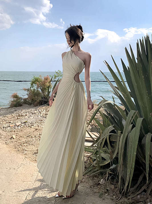 Modest A line One Shoulder Ivory With Ruffled Date Floor Length Night Evening Outfit Formal Prom Dresses RB5666