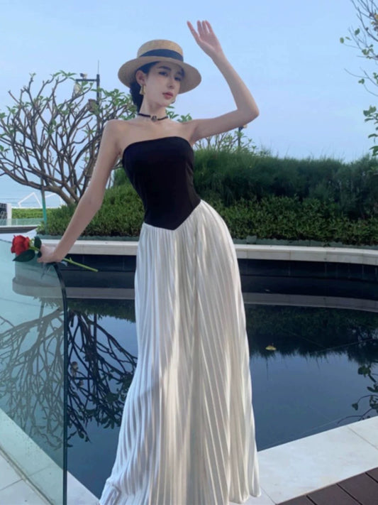 Glamorous A line Strapless White Black With Ruffled Date Floor Length Night Evening Outfit Formal Prom Dresses RB5667